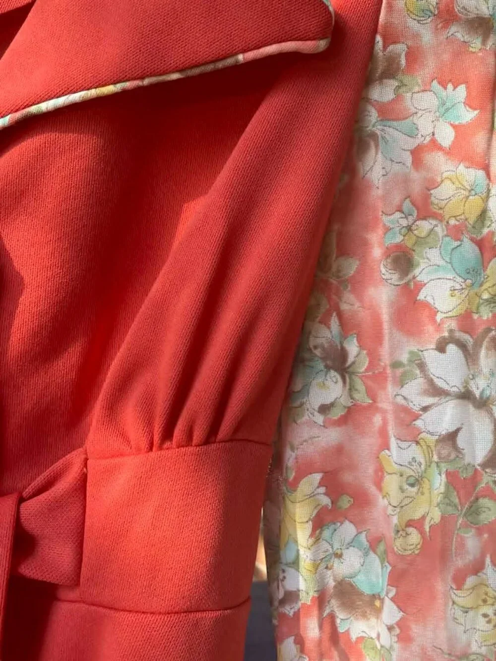 Vintage 70s Coral Orange Secretary Dress Sheer Floral Bishop Sleeves Small